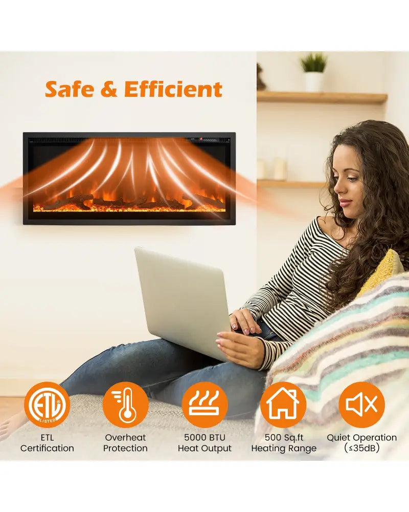 Electric Fireplace in-Wall Recessed with Remote Control and Adjustable Color and Brightness-42 inches - Black
