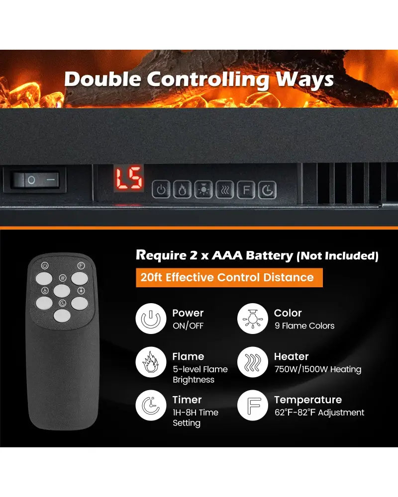 Electric Fireplace in-Wall Recessed with Remote Control and Adjustable Color and Brightness-36 inches - Black