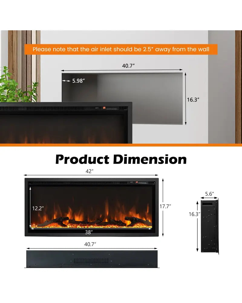 Electric Fireplace in-Wall Recessed with Remote Control and Adjustable Color and Brightness-42 inches - Black