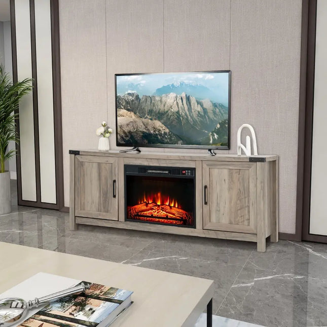 Electric Fireplace TV Stand with Storage Cabinets for TVs up to 70 Inch-Natural - Natural - Entertainment Centers & TV