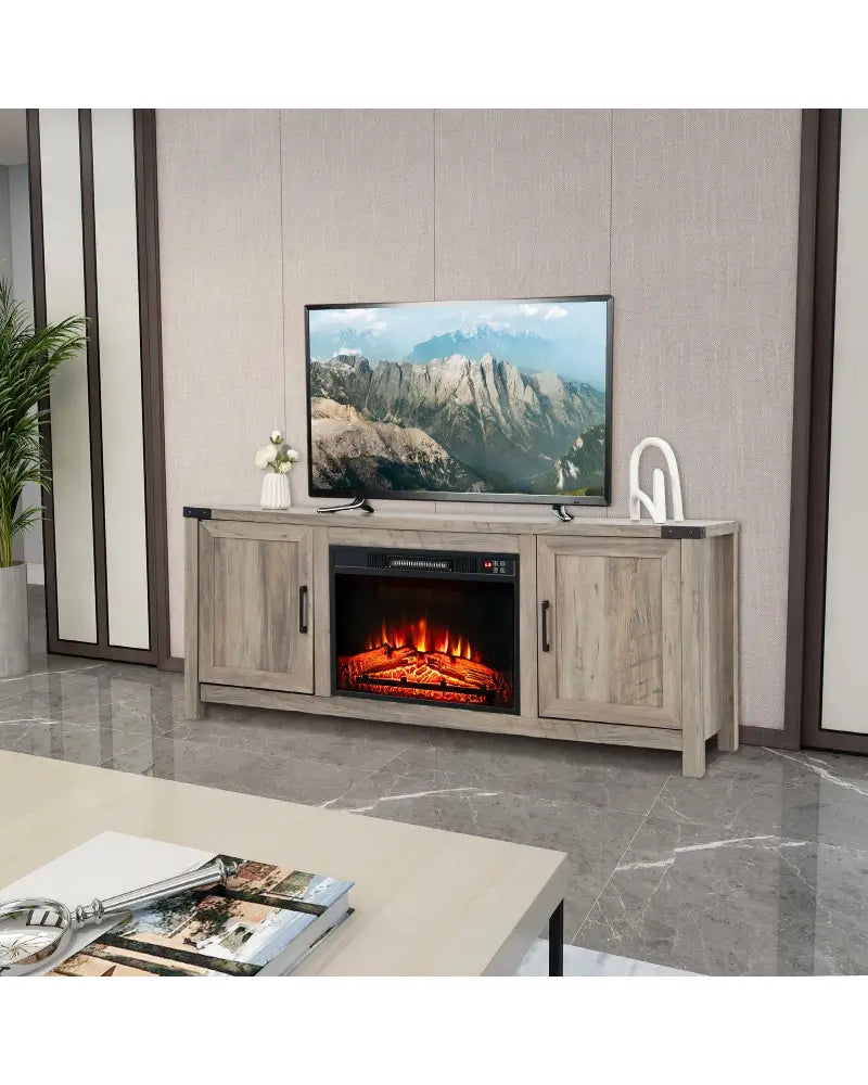 Electric Fireplace TV Stand with Storage Cabinets for TVs up to 70 Inch-Natural - Natural - Entertainment Centers & TV