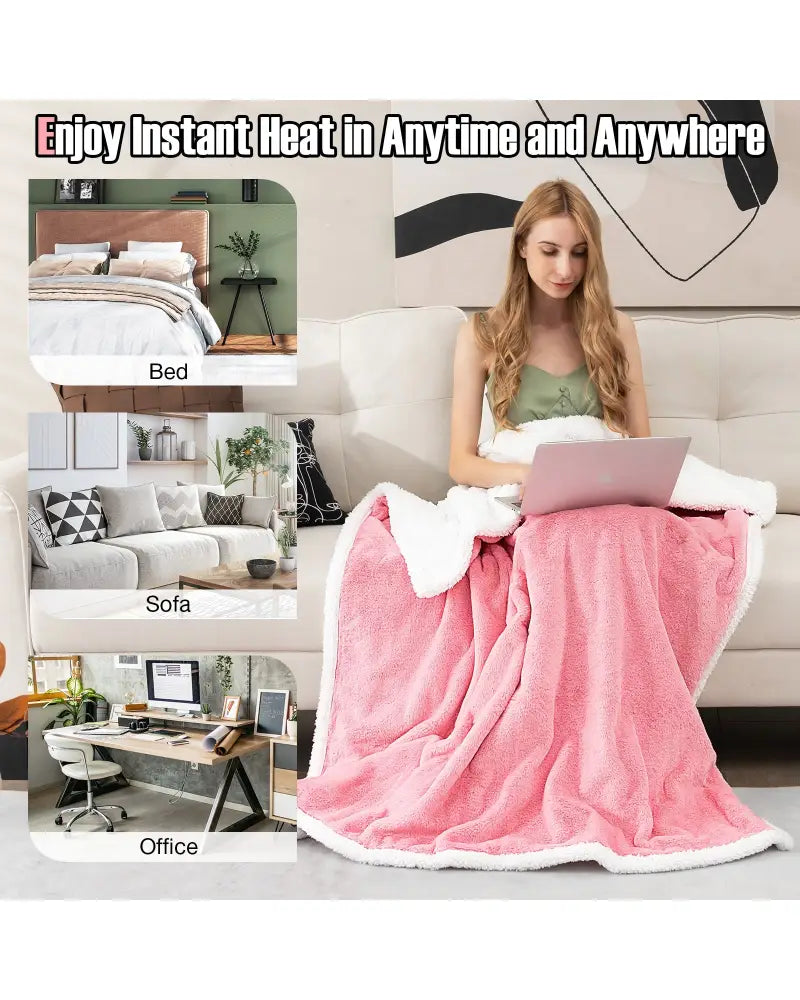 Electric Heated Blanket Throw with 10 Heat Settings-Pink - Pink - Bedding