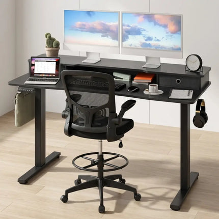 Electric Height Adjustable Standing Desk and Drafting Chair Set with Storage Drawers - Home Office