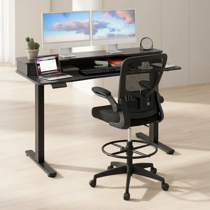 Electric Height Adjustable Standing Desk and Drafting Chair Set with Storage Drawers - Home Office