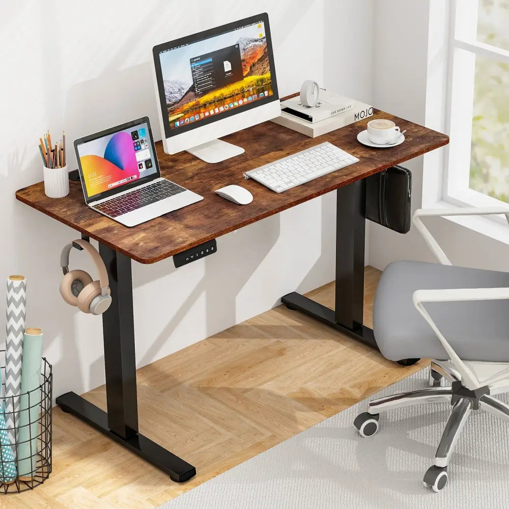 Electric Standing Desk with 3 Memory Height Settings and 2 Hanging Hooks & Cable Management-Rustic Brown - Rustic Brown
