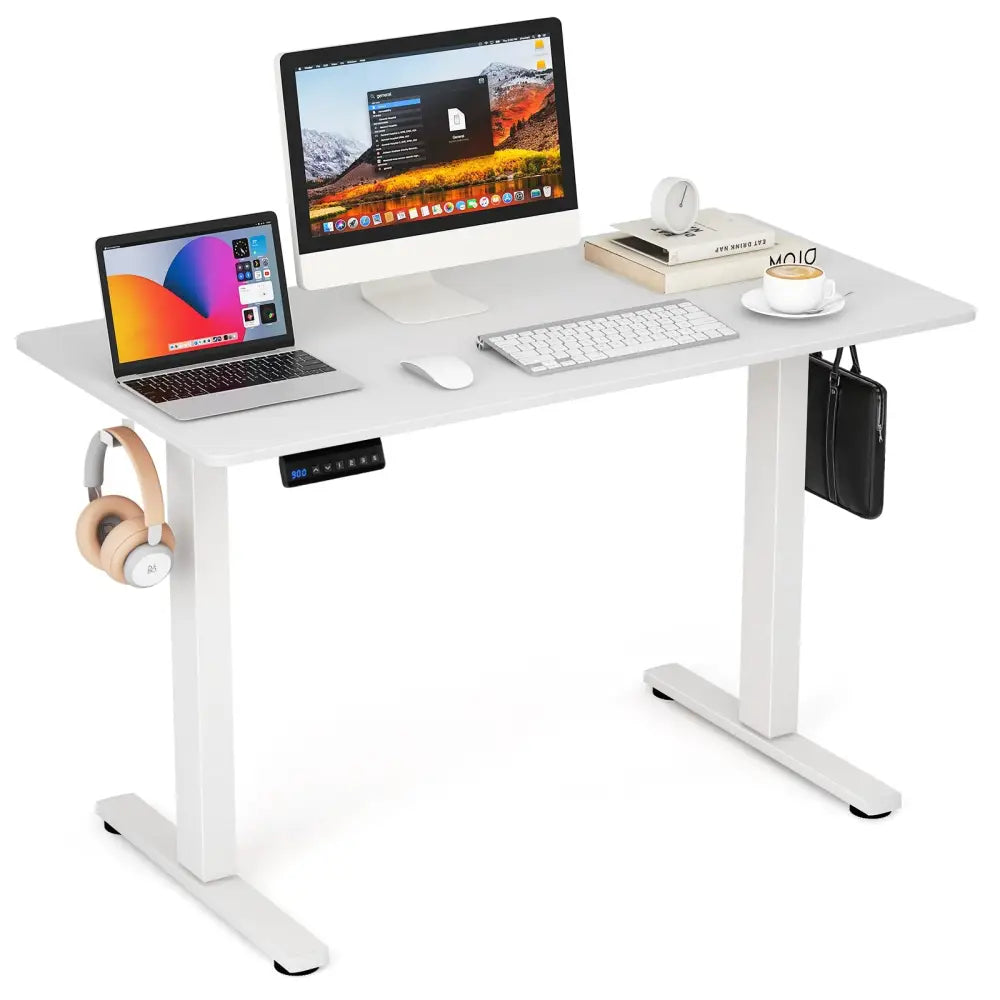 Electric Standing Desk with 3 Memory Height Settings and 2 Hanging Hooks & Cable Management-White - White - Standing
