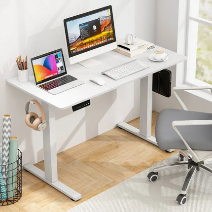 Electric Standing Desk with 3 Memory Height Settings and 2 Hanging Hooks & Cable Management-White - White - Standing
