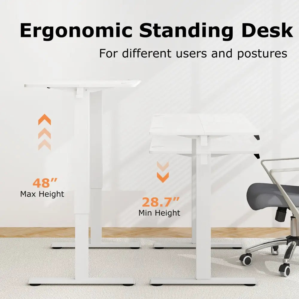 Electric Standing Desk with 3 Memory Height Settings and 2 Hanging Hooks & Cable Management-White - White - Standing