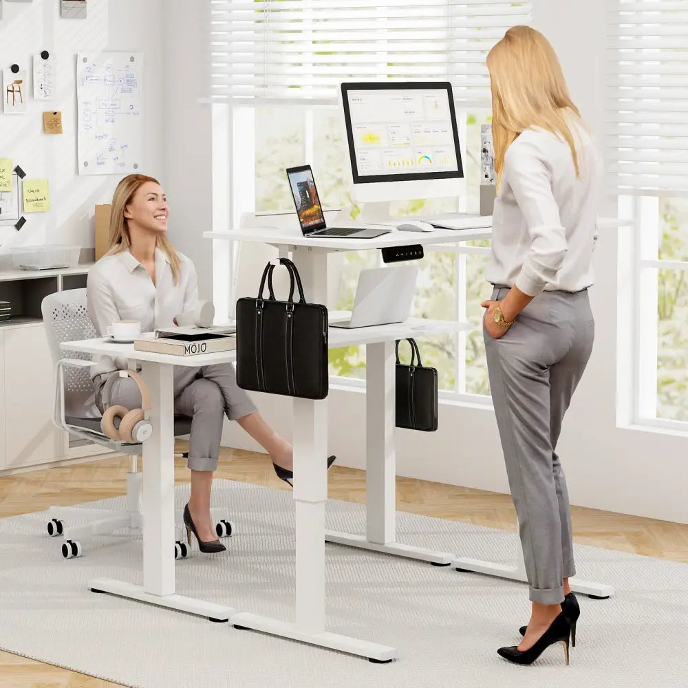 Electric Standing Desk with 3 Memory Height Settings and 2 Hanging Hooks & Cable Management-White - White - Standing