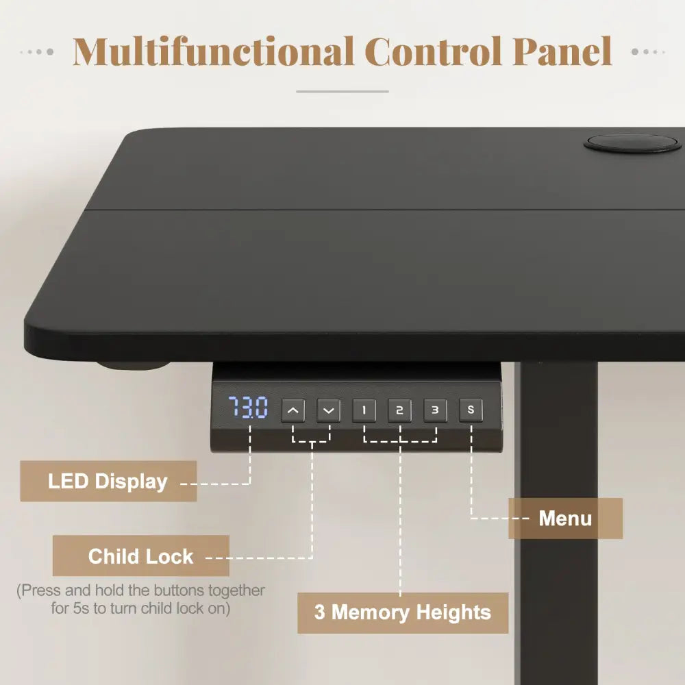 Electric Standing Desk with 3 Memory Heights and 2 Hanging Hooks and Cable Holes-Black - Black - Standing Desks