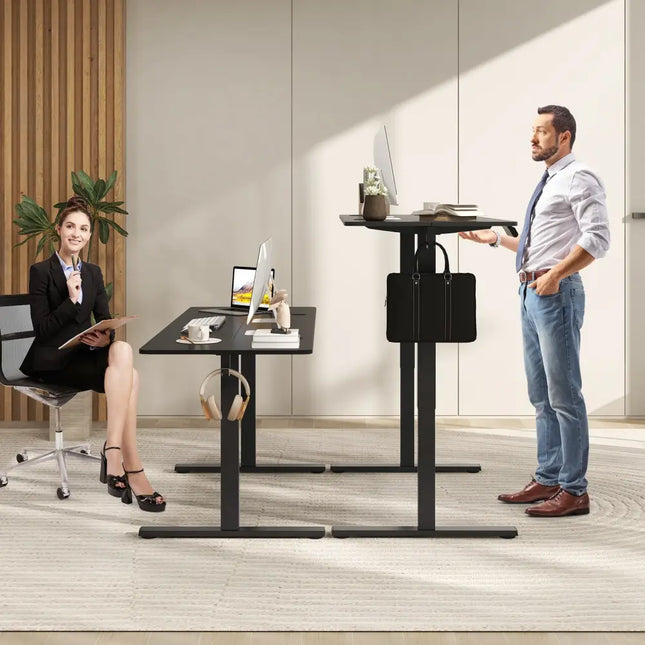 Electric Standing Desk with 3 Memory Heights and 2 Hanging Hooks and Cable Holes-Black - Black - Standing Desks