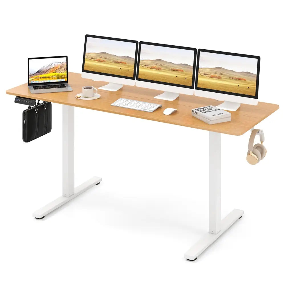 Electric Standing Desk with 3 Memory Heights and 2 Hanging Hooks and Cable Holes-Natural - Natural - Standing Desks