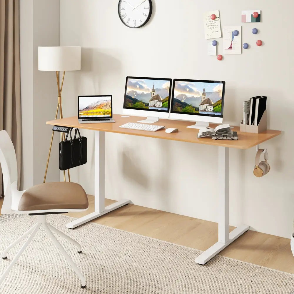 Electric Standing Desk with 3 Memory Heights and 2 Hanging Hooks and Cable Holes-Natural - Natural - Standing Desks