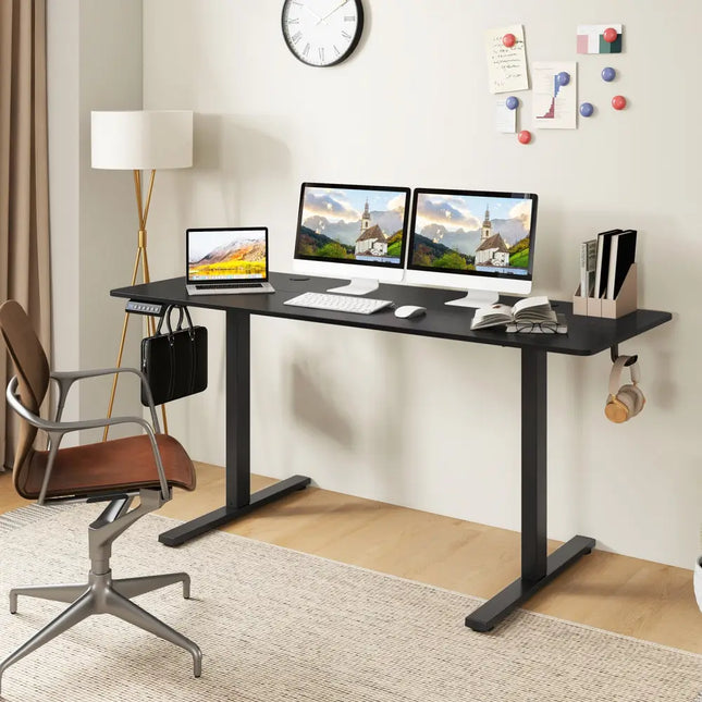 Electric Standing Desk with 3 Memory Heights and 2 Hanging Hooks and Cable Holes-Black - Black - Standing Desks