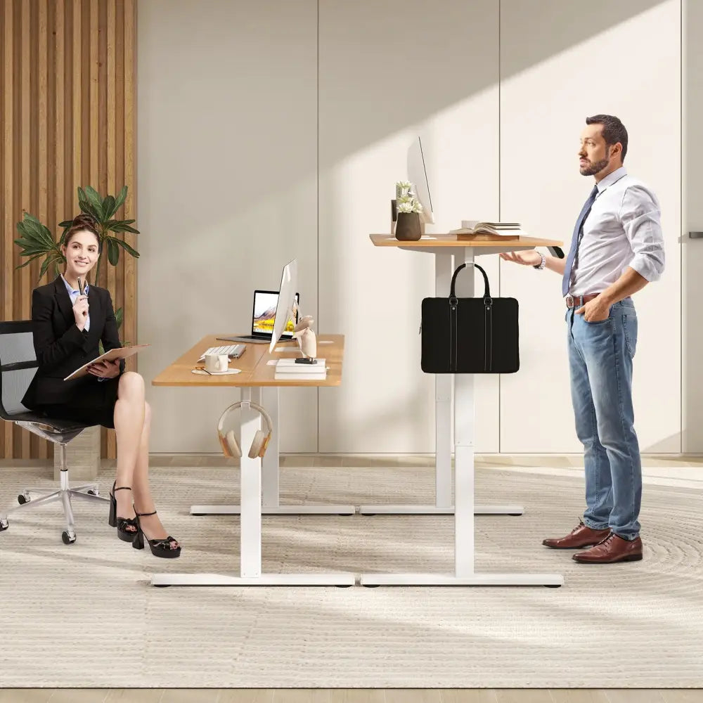 Electric Standing Desk with 3 Memory Heights and 2 Hanging Hooks and Cable Holes-Natural - Natural - Standing Desks