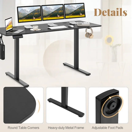 Electric Standing Desk with 3 Memory Heights and 2 Hanging Hooks and Cable Holes-Black - Black - Standing Desks