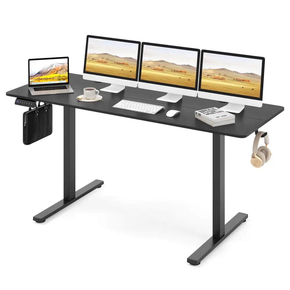 Electric Standing Desk with 3 Memory Heights and 2 Hanging Hooks and Cable Holes-Black - Black - Standing Desks