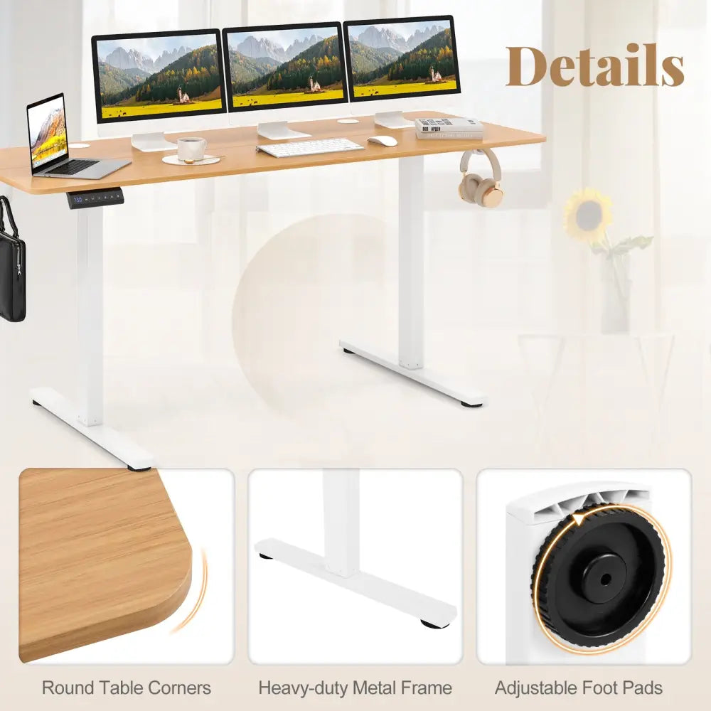 Electric Standing Desk with 3 Memory Heights and 2 Hanging Hooks and Cable Holes-Natural - Natural - Standing Desks