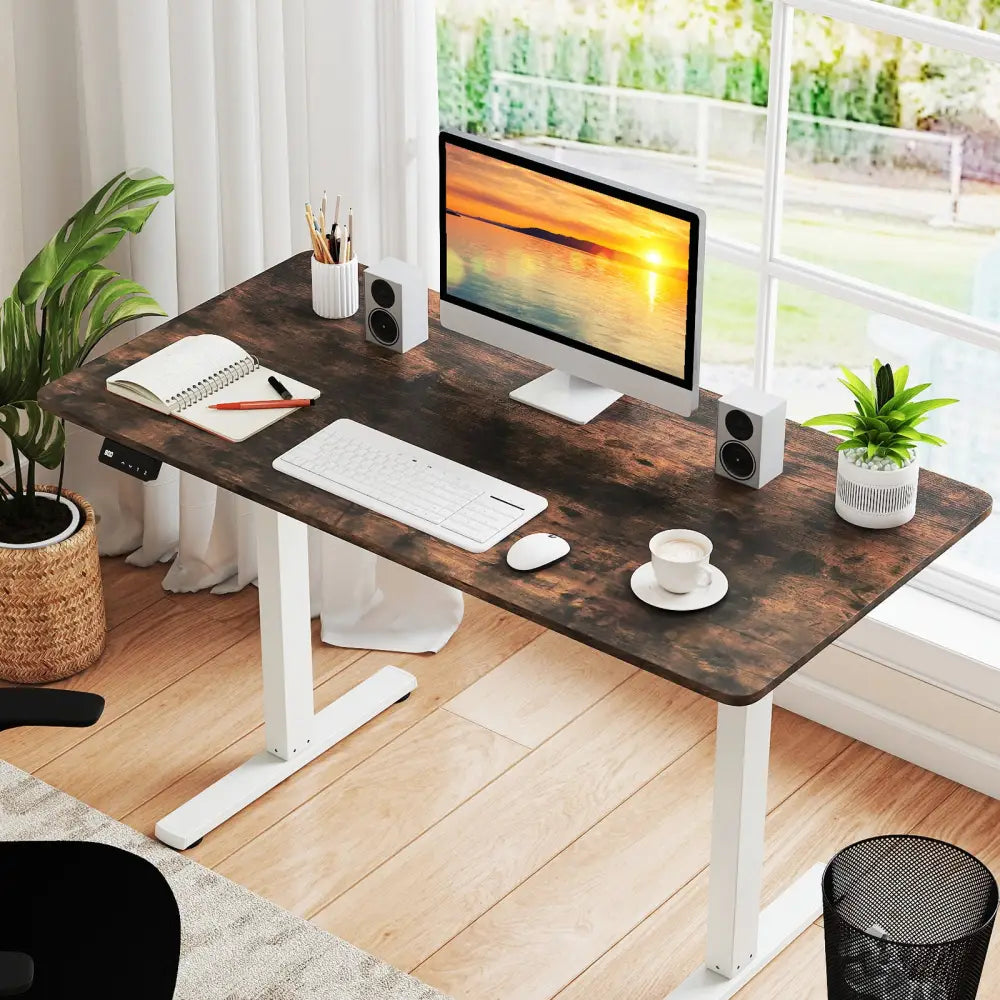 Electric Standing Desk with LED Display and 2 Memory Height Settings-Rustic Brown - Rustic Brown - Standing Desks