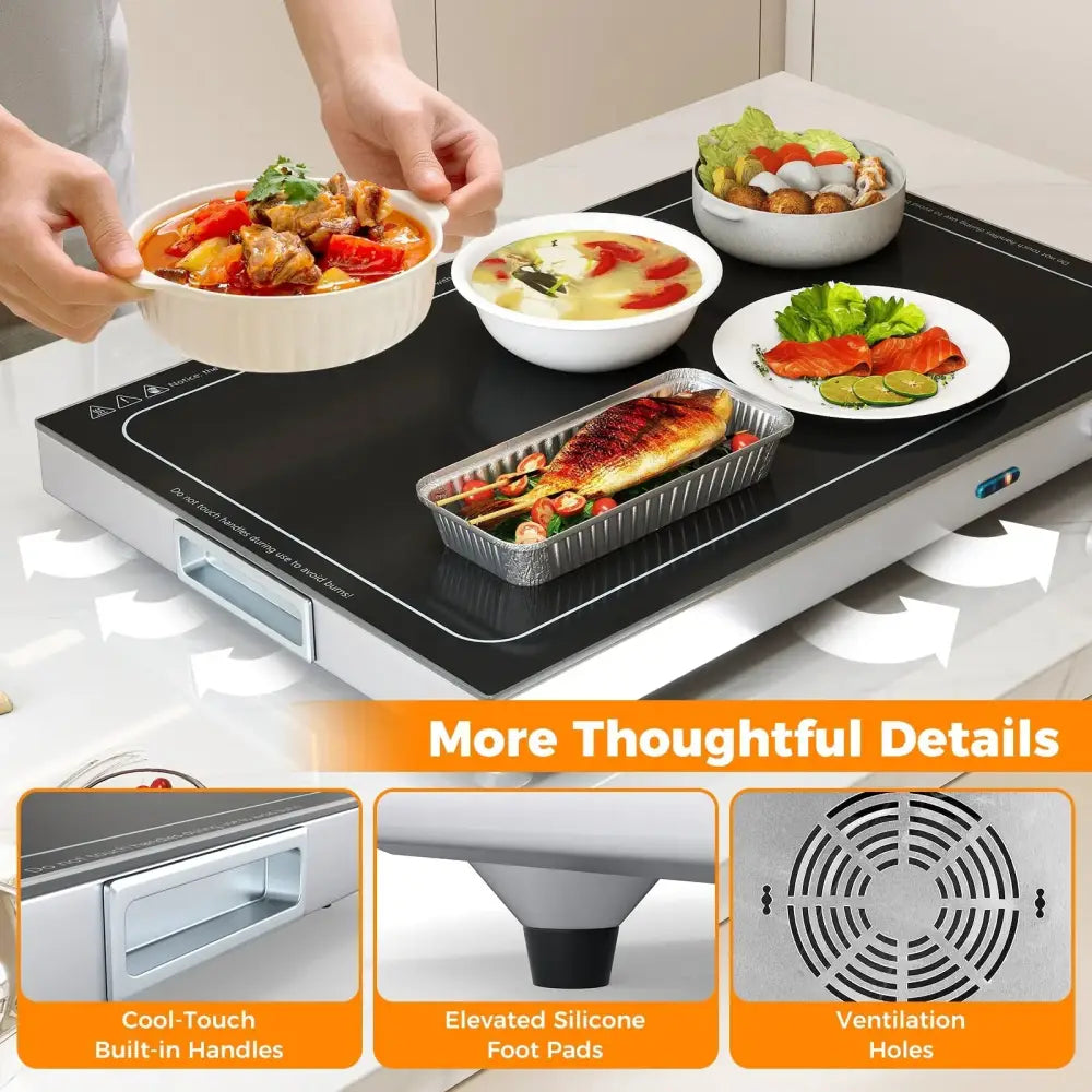 Electric Warming Tray with Adjustable Temperature and Built-In Handles Tempered Glass Costway