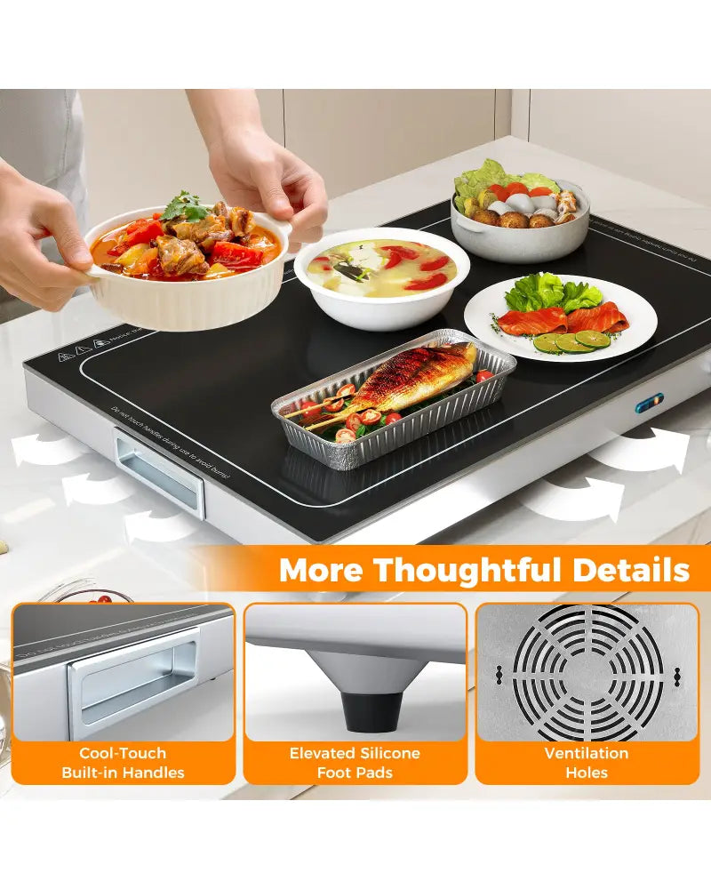 Electric Warming Tray with Adjustable Temperature and Built-In Handles Tempered Glass - Food Warmers & Burners