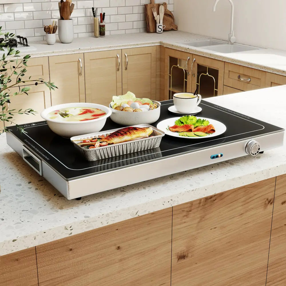Electric Warming Tray with Adjustable Temperature and Built-In Handles Tempered Glass - Food Warmers & Burners