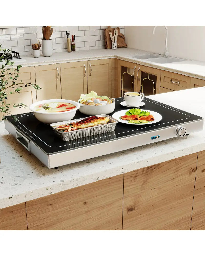 Electric Warming Tray with Adjustable Temperature and Built-In Handles Tempered Glass - Food Warmers & Burners