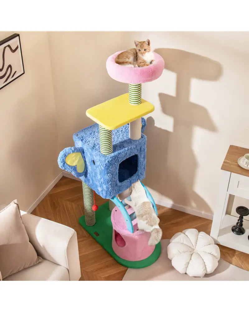 Elephant Themed Cat Tree for Adult Cats Multi-level Kitty Tower with 2 Condos-Blue - Blue - Cat Trees Condos &