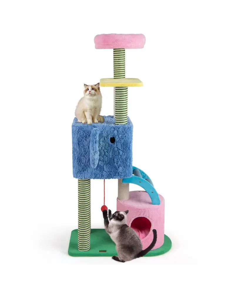 Elephant Themed Cat Tree for Adult Cats Multi-level Kitty Tower with 2 Condos-Blue - Blue - Cat Trees Condos &