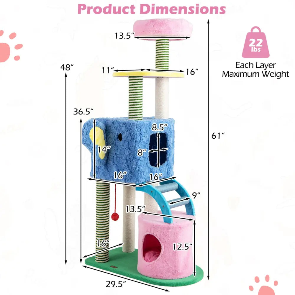 Elephant Themed Cat Tree for Adult Cats Multi-level Kitty Tower with 2 Condos-Blue - Blue - Cat Trees Condos &