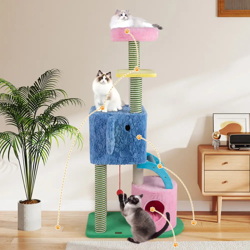 Elephant Themed Cat Tree for Adult Cats Multi-level Kitty Tower with 2 Condos-Blue - Blue - Cat Trees Condos &