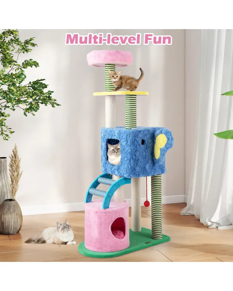 Elephant Themed Cat Tree for Adult Cats Multi-level Kitty Tower with 2 Condos-Blue - Blue - Cat Trees Condos &