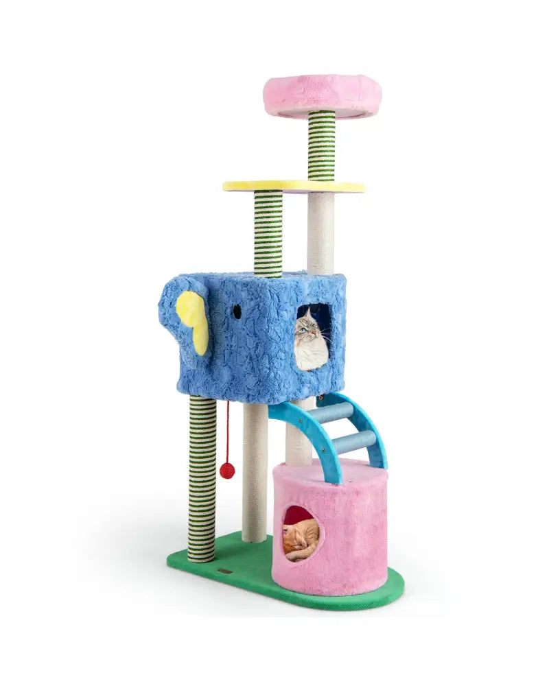 Elephant Themed Cat Tree for Adult Cats Multi-level Kitty Tower with 2 Condos-Blue - Blue - Cat Trees Condos &