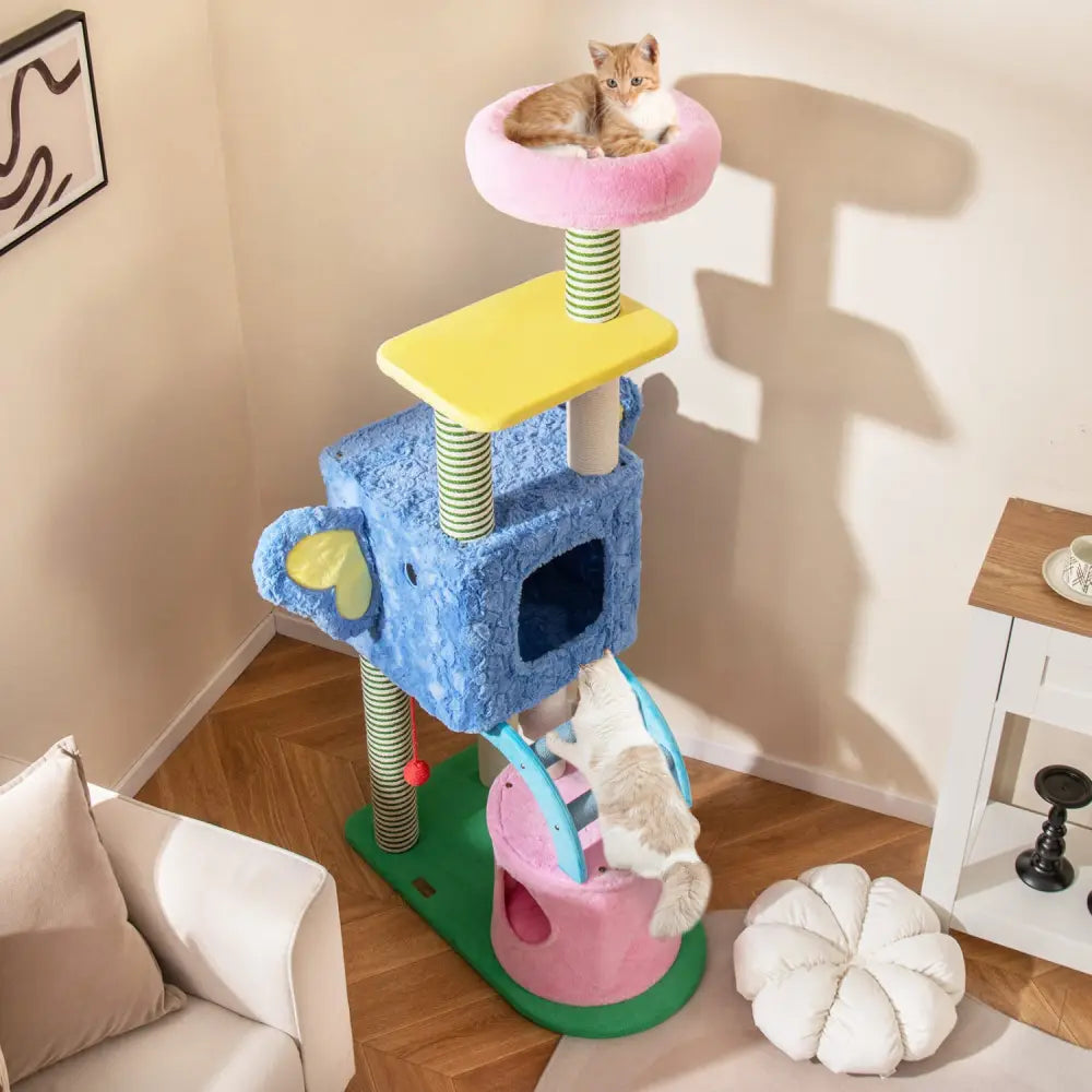 Elephant Themed Cat Tree for Adult Cats Multi-level Kitty Tower with 2 Condos-Blue - Blue - Cat Trees Condos &