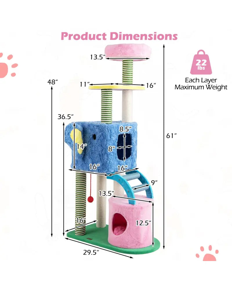 Elephant Themed Cat Tree for Adult Cats Multi-level Kitty Tower with 2 Condos-Blue - Blue - Cat Trees Condos &