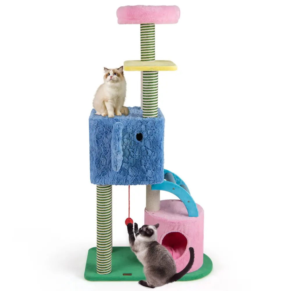 Elephant Themed Cat Tree for Adult Cats Multi-level Kitty Tower with 2 Condos-Blue - Blue - Cat Trees Condos &
