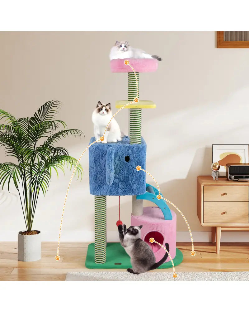 Elephant Themed Cat Tree for Adult Cats Multi-level Kitty Tower with 2 Condos-Blue - Blue - Cat Trees Condos &