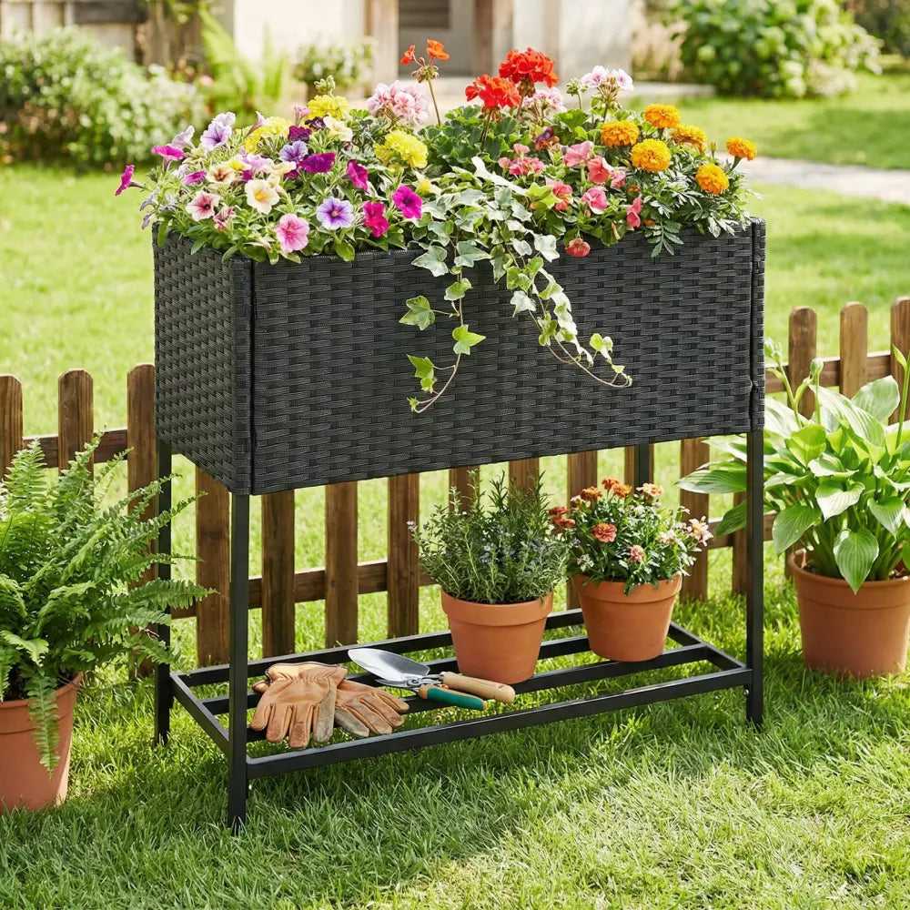 Elevated Garden Planter with Rattan Finish Bottom Shelf-Black - Raised Garden Beds