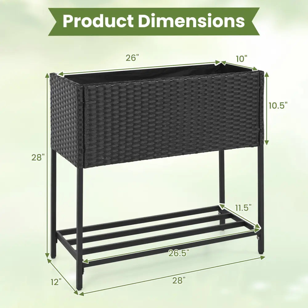 Elevated Garden Planter with Rattan Finish Bottom Shelf-Black - Raised Garden Beds
