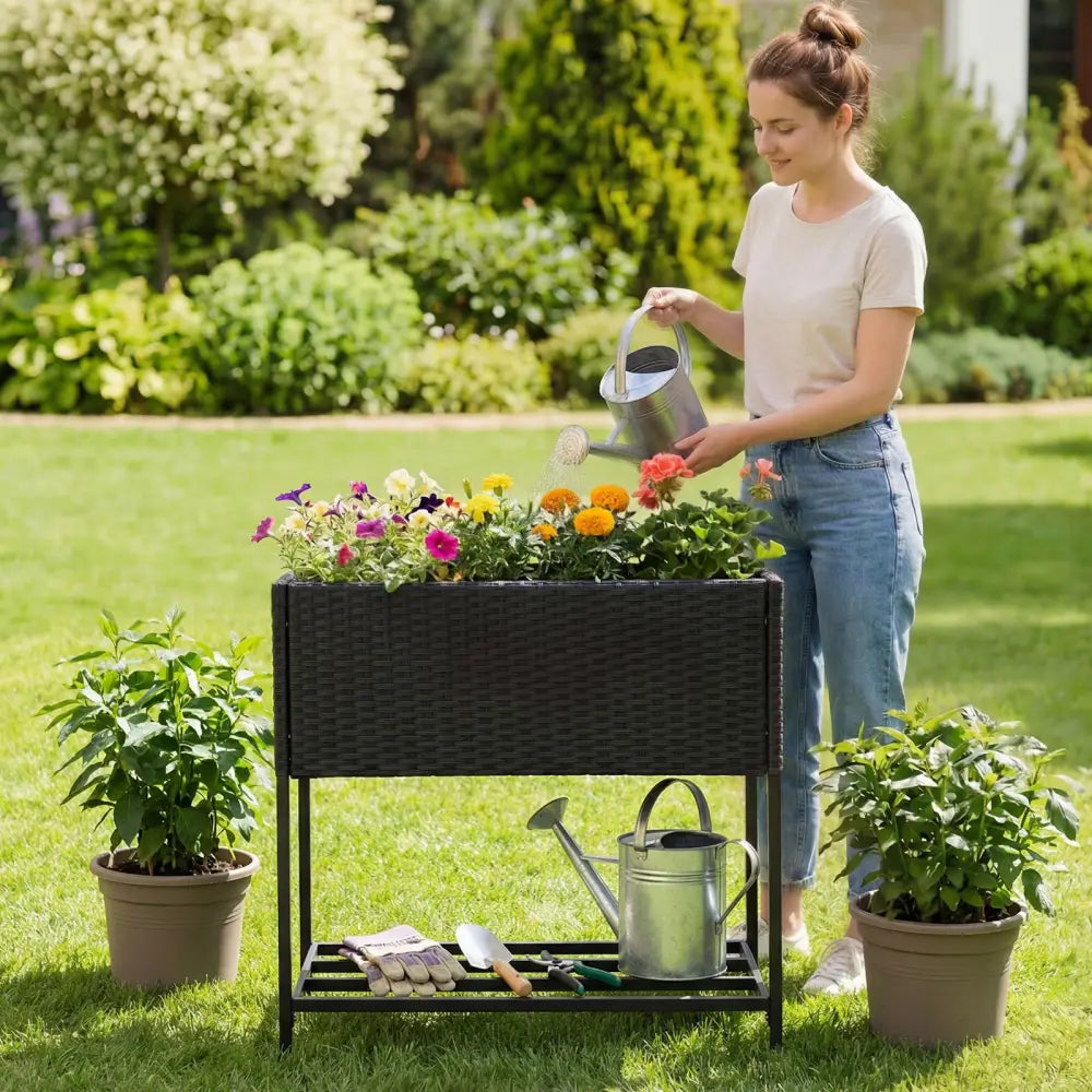 Elevated Garden Planter with Rattan Finish Bottom Shelf-Black - Raised Garden Beds