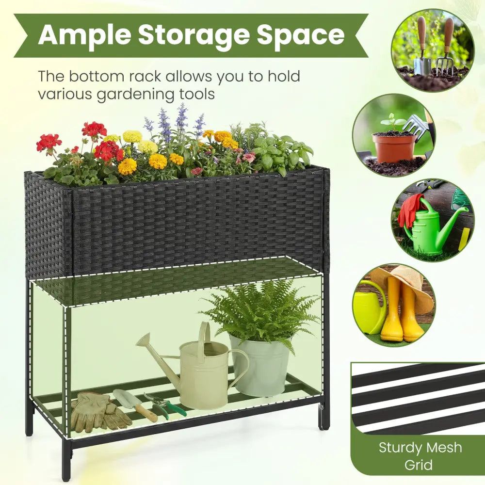 Elevated Garden Planter with Rattan Finish Bottom Shelf-Black - Raised Garden Beds