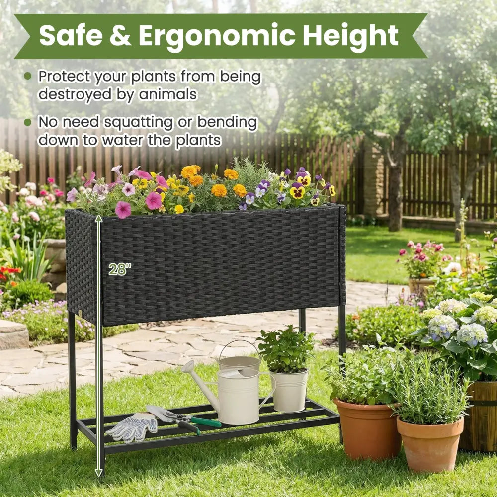 Elevated Garden Planter with Rattan Finish Bottom Shelf-Black - Raised Garden Beds
