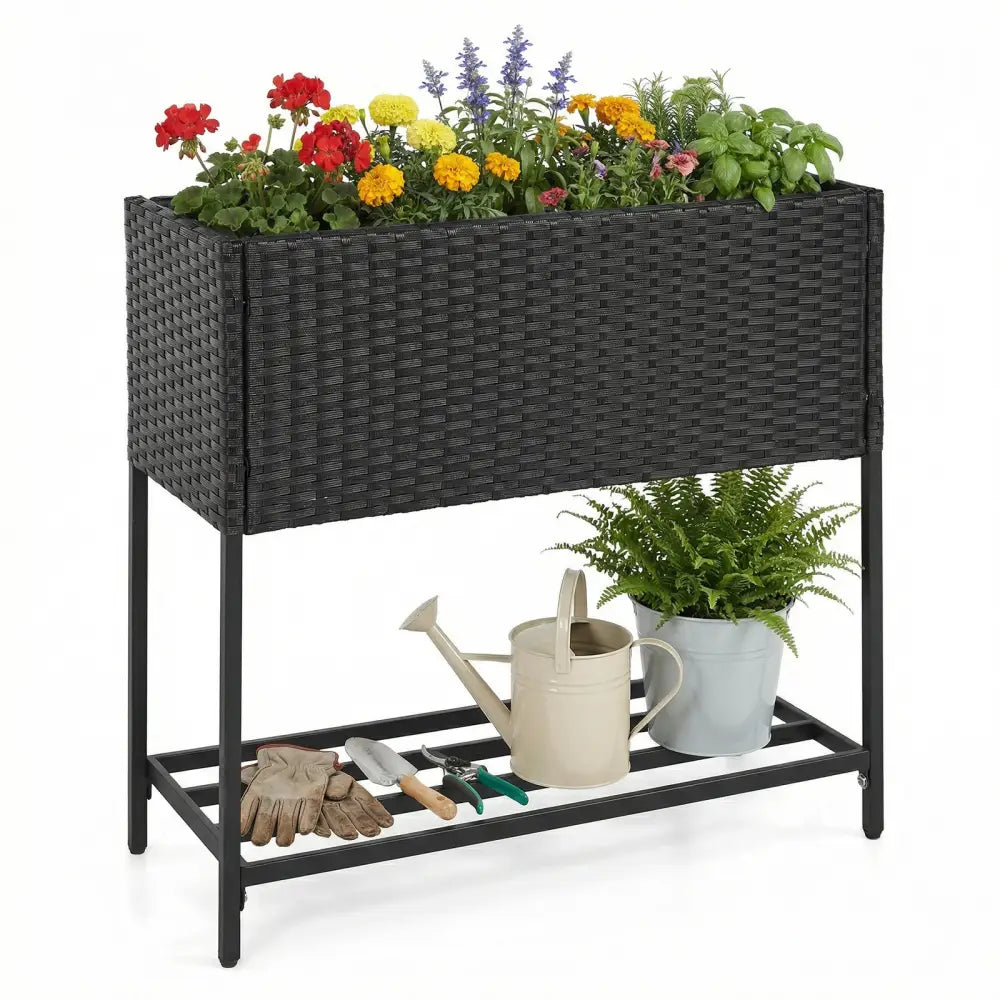 Elevated Garden Planter with Rattan Finish Bottom Shelf-Black - Raised Garden Beds