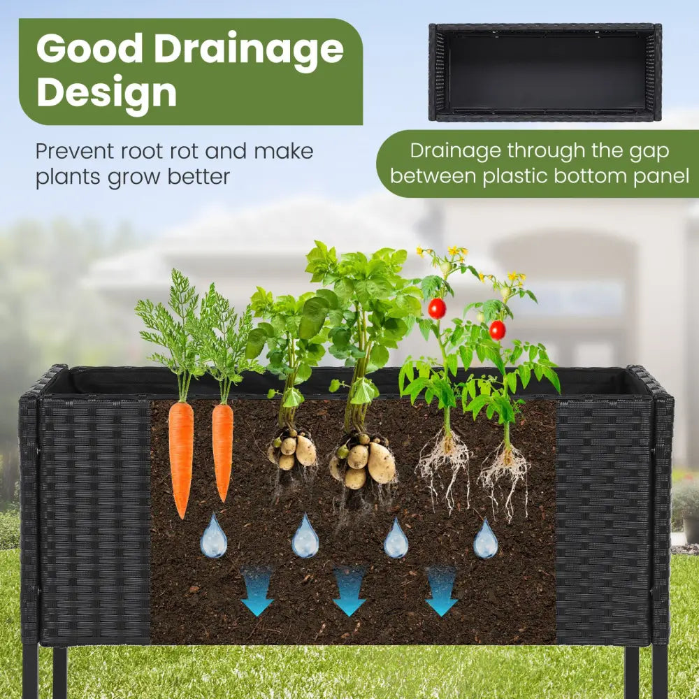 Elevated Garden Planter with Rattan Finish Bottom Shelf-Black - Raised Garden Beds
