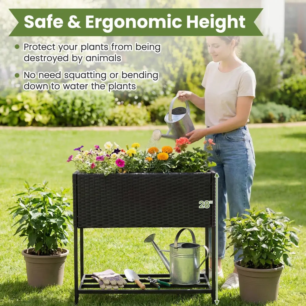Elevated Garden Planter with Rattan Finish Bottom Shelf-Black - Raised Garden Beds