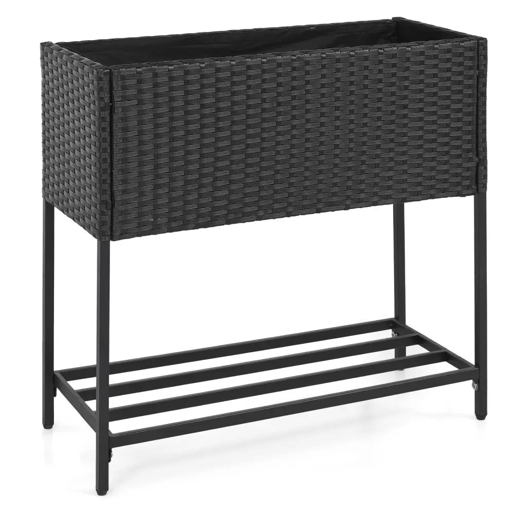 Elevated Garden Planter with Rattan Finish Bottom Shelf-Black - Raised Garden Beds