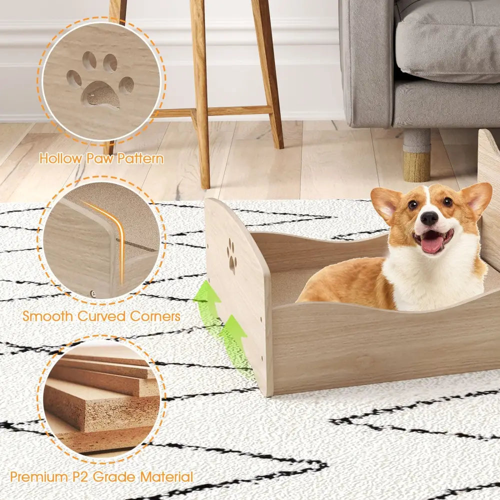 Elevated Pet Bed Frame with Rails and Cute Headboards-Walnut - Walnut - Cat Houses