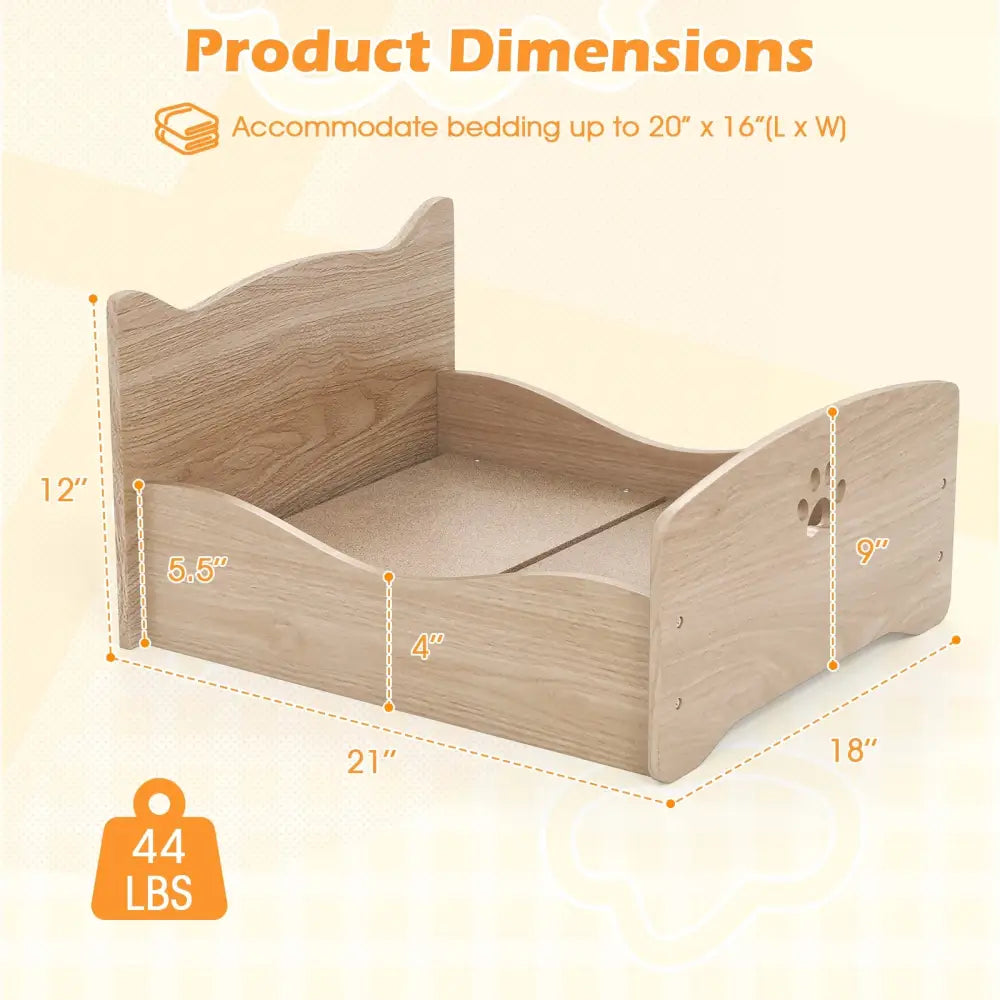 Elevated Pet Bed Frame with Rails and Cute Headboards-Walnut - Walnut - Cat Houses