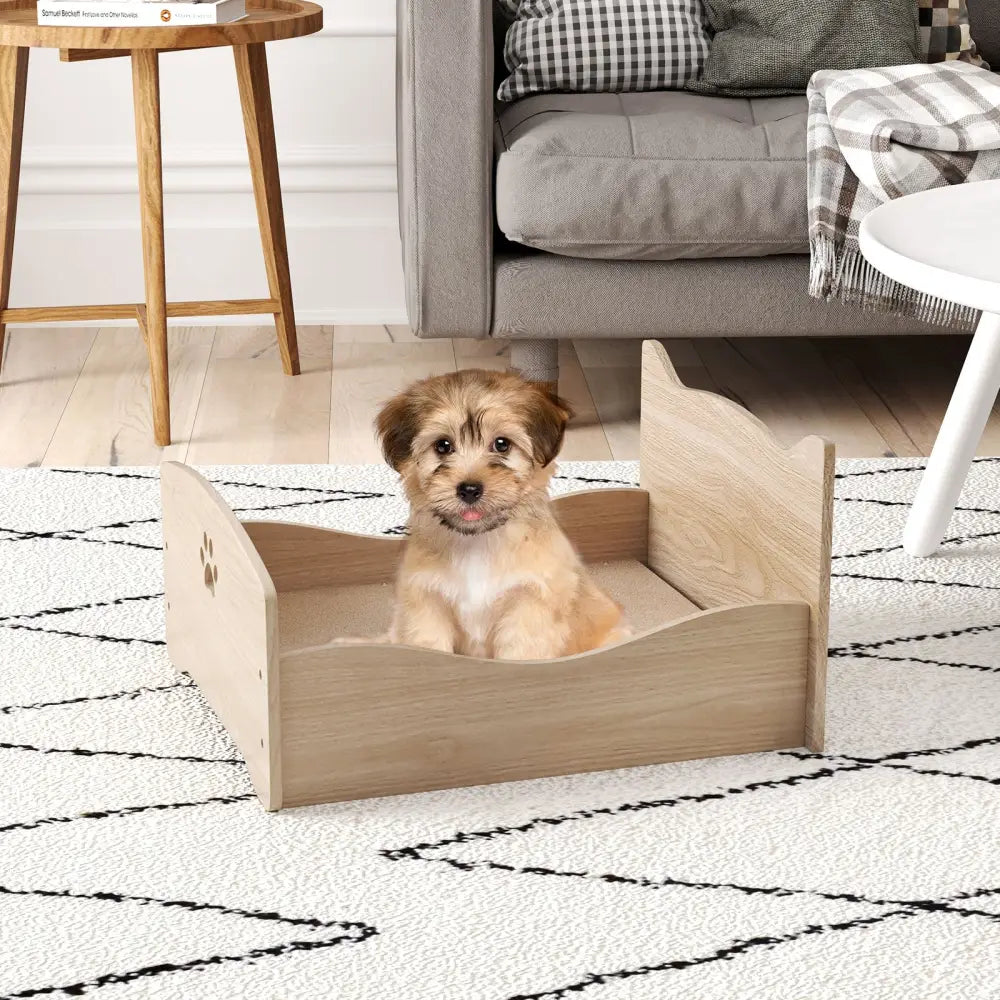 Elevated Pet Bed Frame with Rails and Cute Headboards-Walnut - Walnut - Cat Houses