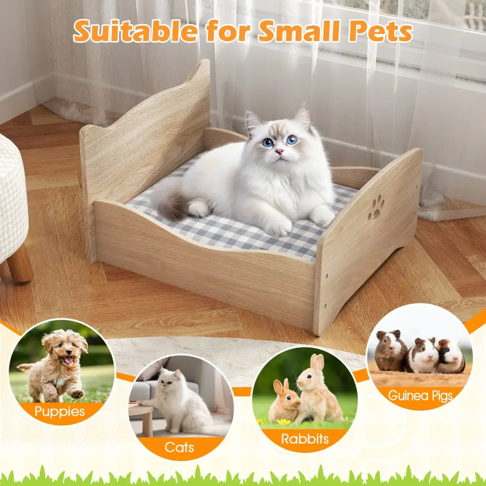 Elevated Pet Bed Frame with Rails and Cute Headboards-Walnut - Walnut - Cat Houses